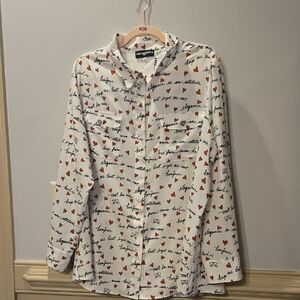 Karl Lagerfeld sz 0X  Heart Script Button-Up Blouse - White with Red Hearts